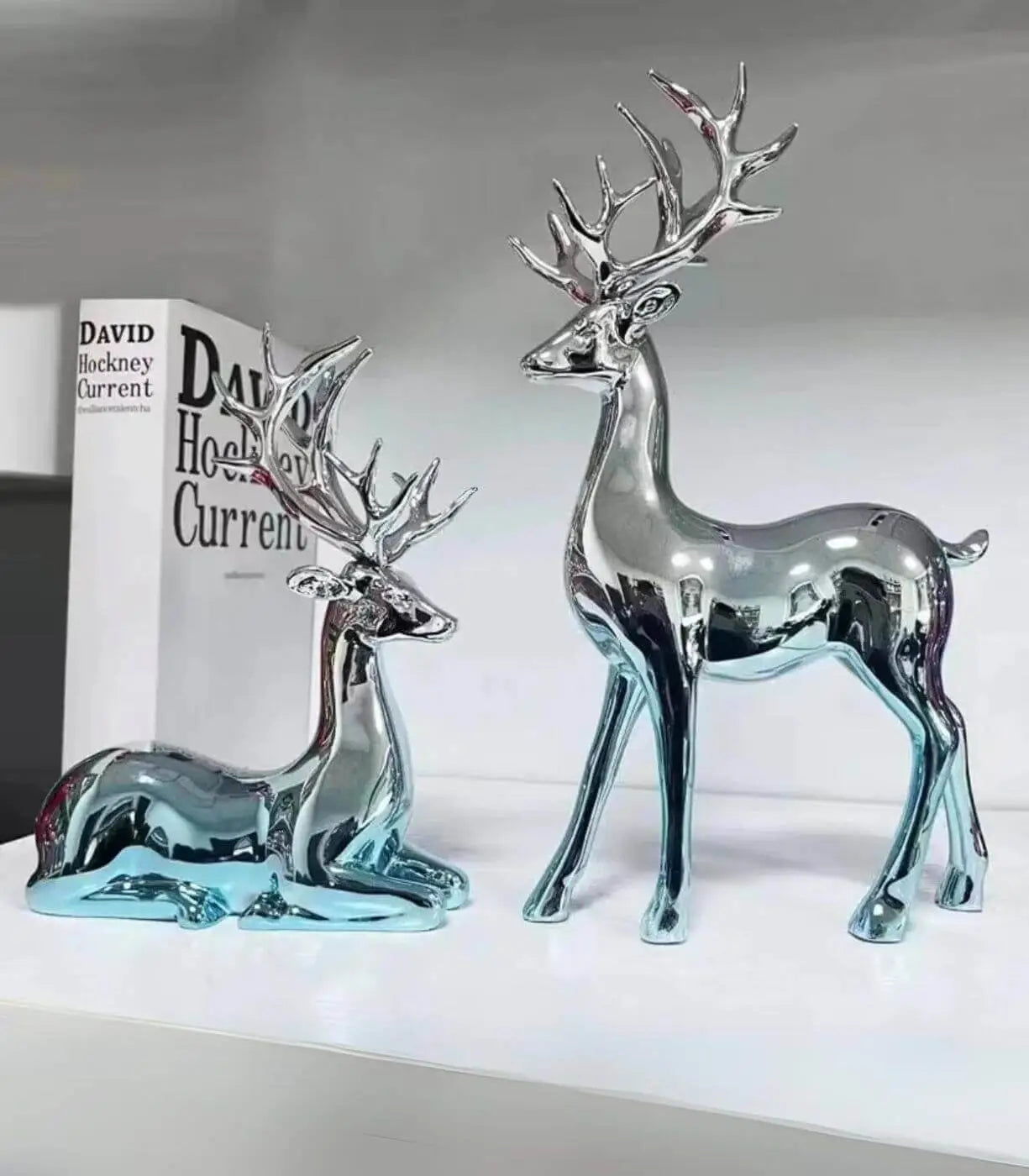 Set 2 Pcs Handcrafted Metallic Reindeer Decorative Figurines | Standing & Sitting Pair