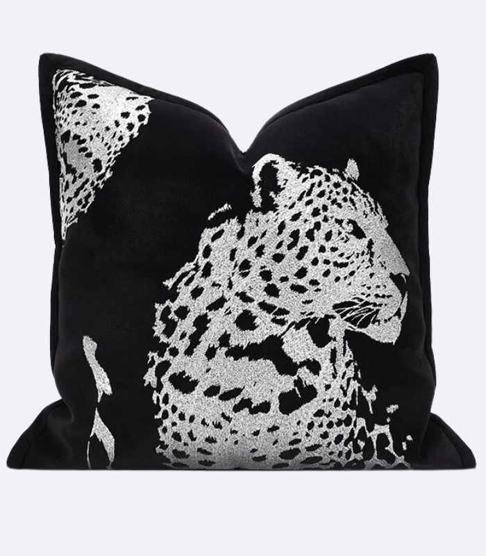 Cushion Cover Velvet Leopard Embroidery Black
