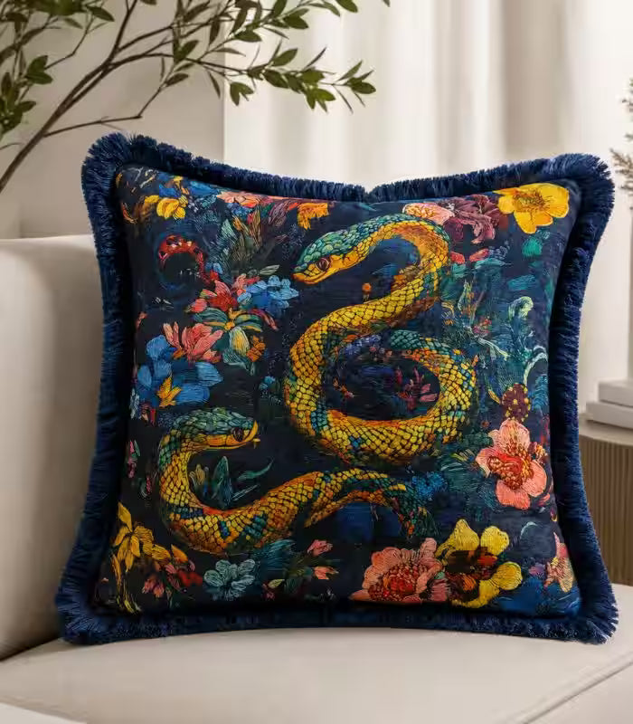 Serpent Garden Decorative Cushion Cover with Fringe Trim 45 cm (18 in)