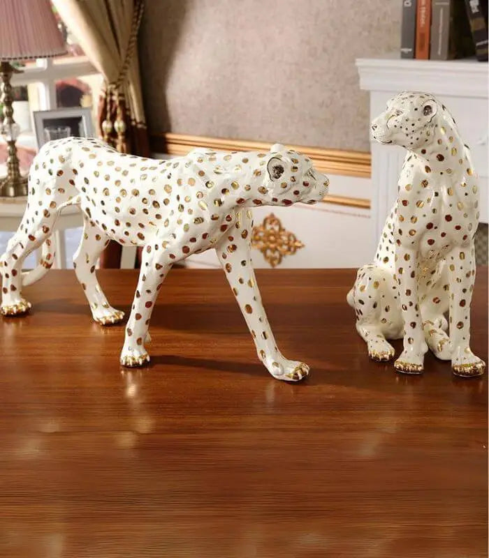 Ceramic Sculpture Leopard Gold White Hand Painted New Large