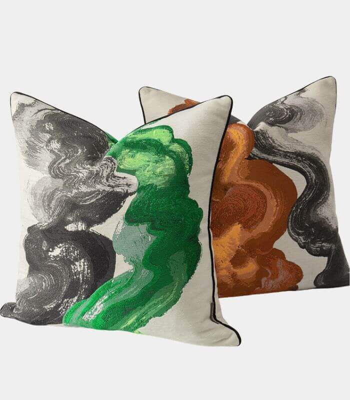 Abstract Brushstroke Decorative Cushion Cover | Modern Art Design Throw Pillow | Grey, Green & Burnt Orange