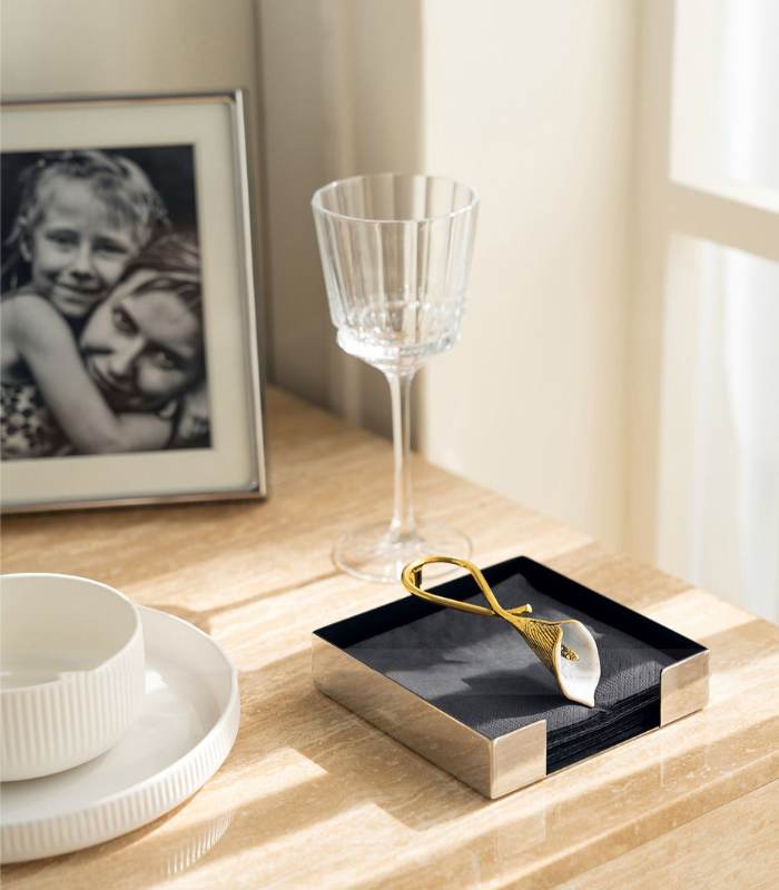 Handcrafted Stainless Steel Napkin Holder with Hand-Painted Golden Calla Lily - 13x13cm