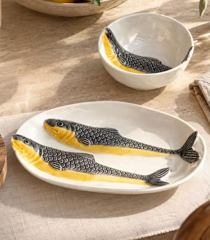 Pescara Hand-Painted Ceramic Platter & Bowl | Sculptural Fish Serveware
