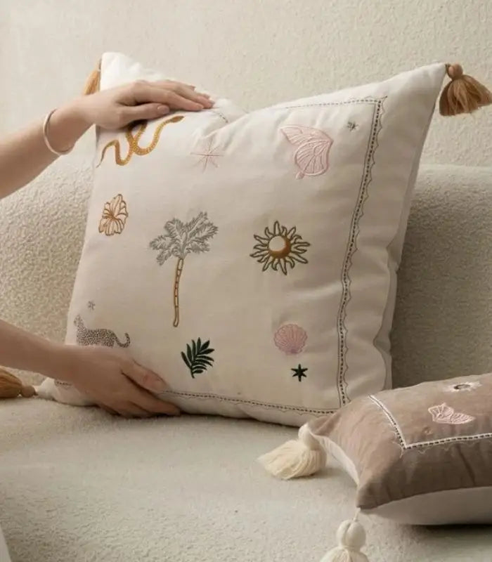 Sahara Embroidered Cushion Cover – Botanical Wildlife Tassel Design