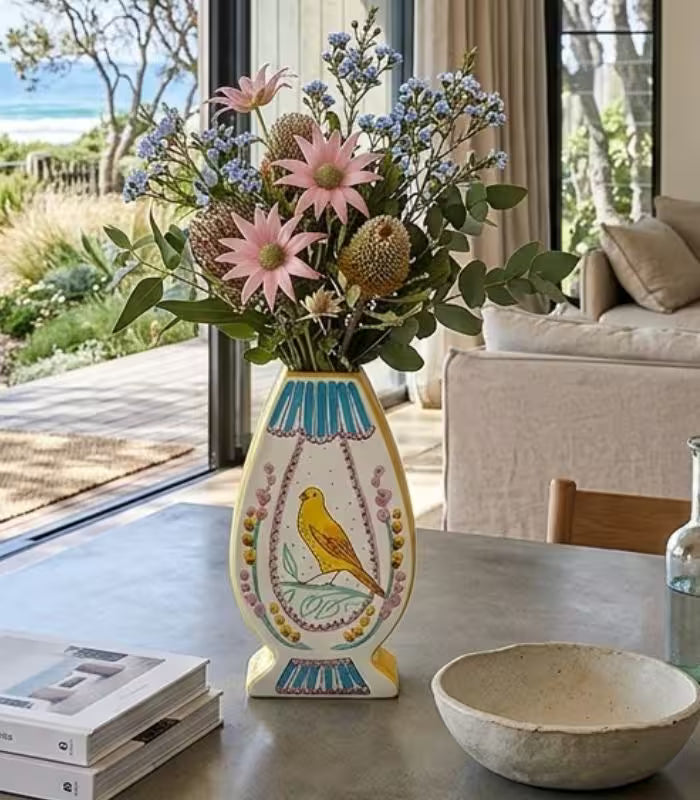 Hand-Decorated Yellow Bird Teardrop Vase - Exquisite Ceramic Art Piece (25cm/9.84")