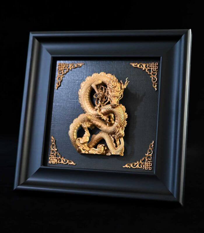 Majestic Xaden Dragon Wall Art in Black Wooden Frame– Golden Resin 12.7 x 12.7 cm