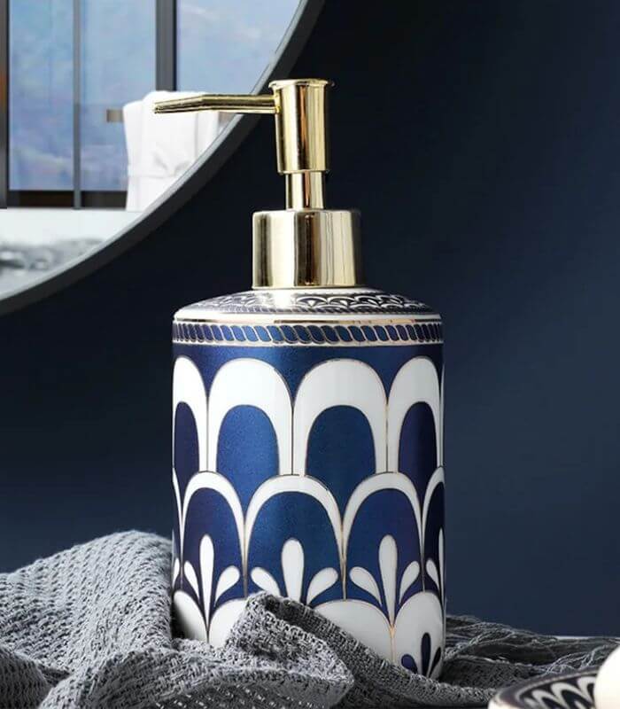 Liquid Soap Dispenser Ceramic Lotion Pump Blue & White 18 cm