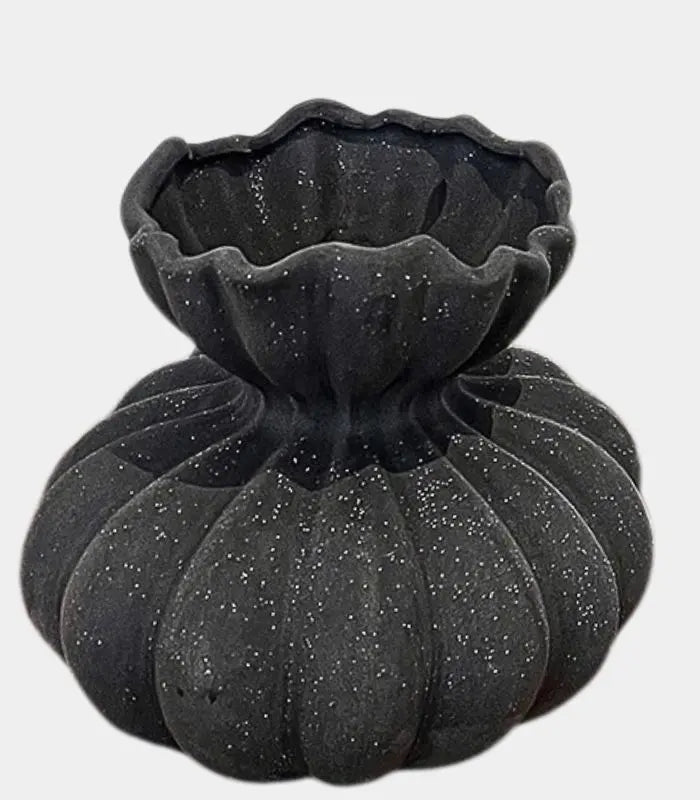 Delmara Sculptural Ceramic Vase – Ribbed Charcoal Design