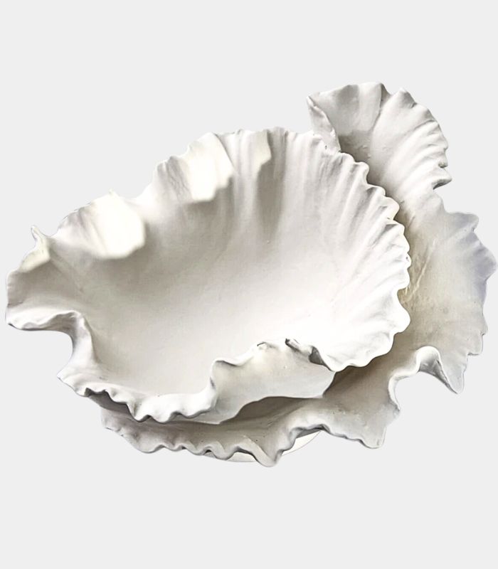 Royal Bloom Decorative Fruit Bowl - Handcrafted Wavy Ceramic Display Bowl 37.5 cm White