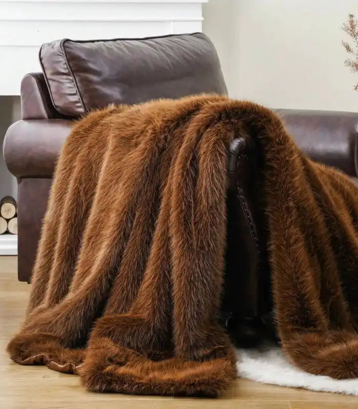 Coffee Brown Faux Fur Throw Blanket – Luxurious Textured Design