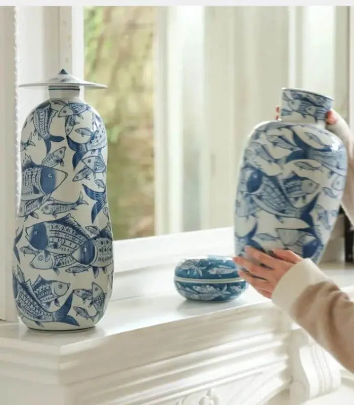 Blue Waters Fish Collection Porcelain Decorative Vase - Handcrafted Coastal Home Decor