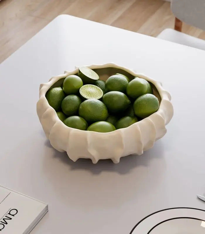 Camille Artisan Ceramic Fruit Bowl - Handcrafted Decorative Wave Design in Ivory White