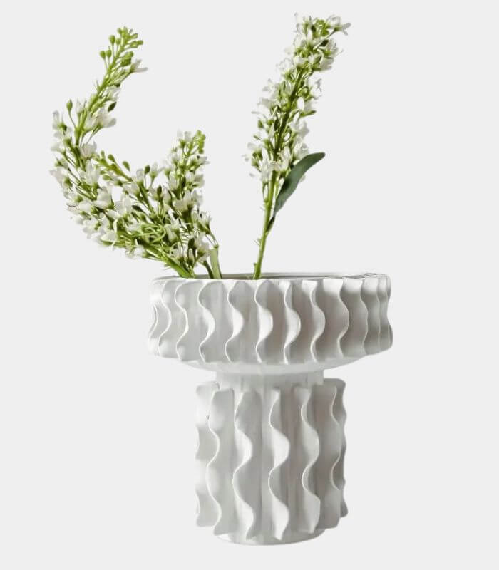 Ceramic Vase White Sculptural Ruffled Design