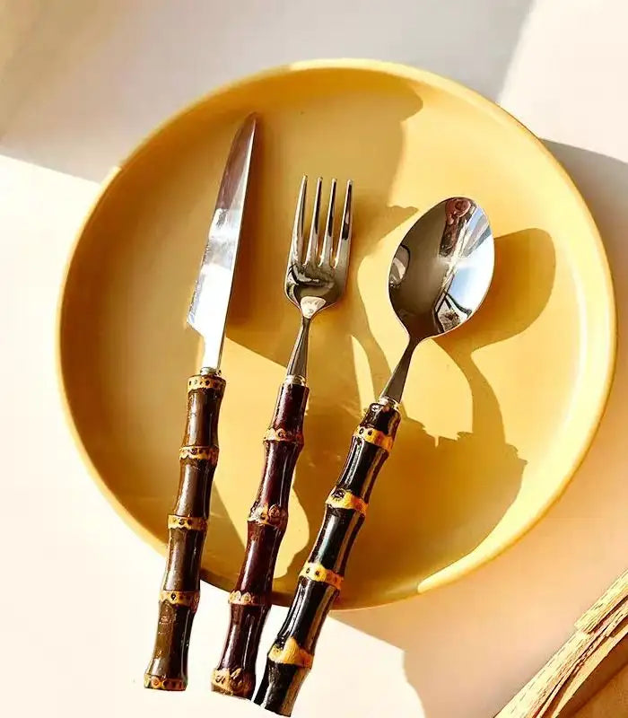 24 Pc Natural Bamboo Handle Cutlery Set Stainless Steel Flatware Dark Bamboo