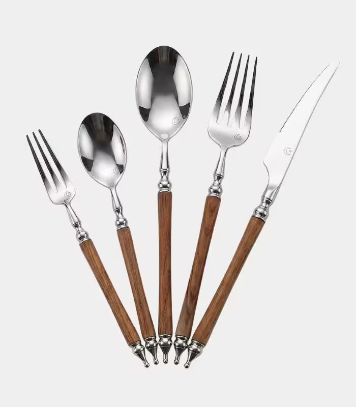 Stainless Steel Cutlery Set with Natural Wood Handles – Silver & Brown | 20-Piece or 30-Piece