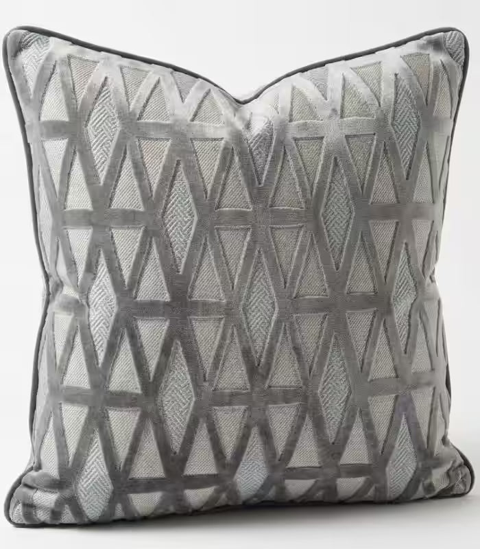 Thessaly Velvet Jacquard Cushion Cover – Geometric Grey Triangle Pattern, 2 Sizes