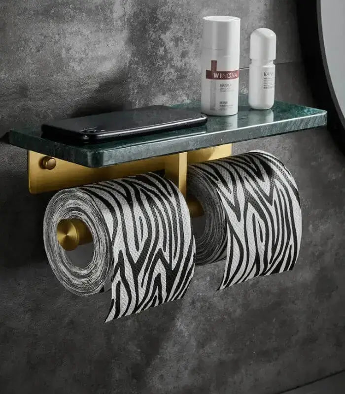 Toilet Roll Holder Wall-Mounted Natural Green Marble Brushed Gold