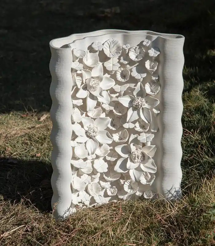 Floral Relief Ceramic Vase – Handcrafted Botanical Sculpture White