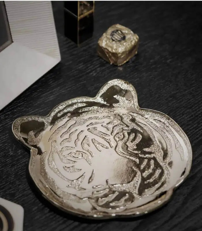 Tiger Embossed Metal Jewelry Tray - Elegant Decorative Catchall Dish