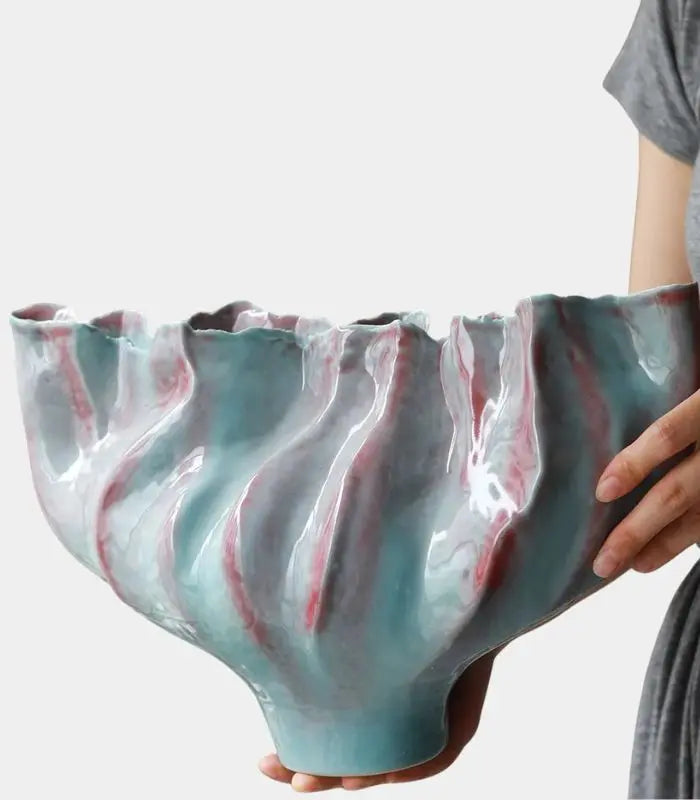 Celestine Aqua Porcelain Vase – Sculptural Wave Design with Coral Accents 36 cm (14.17 in)