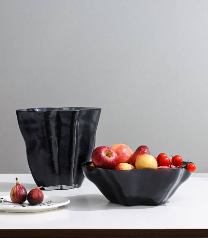 Modern Black Glass Vase & Bowl Collection | 3D Ripple Texture | Contemporary Home Decor