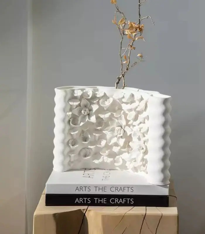 Handcrafted Curved Floral Relief Ceramic Vase – Botanical Sculpture 27 cm (10.63 in)