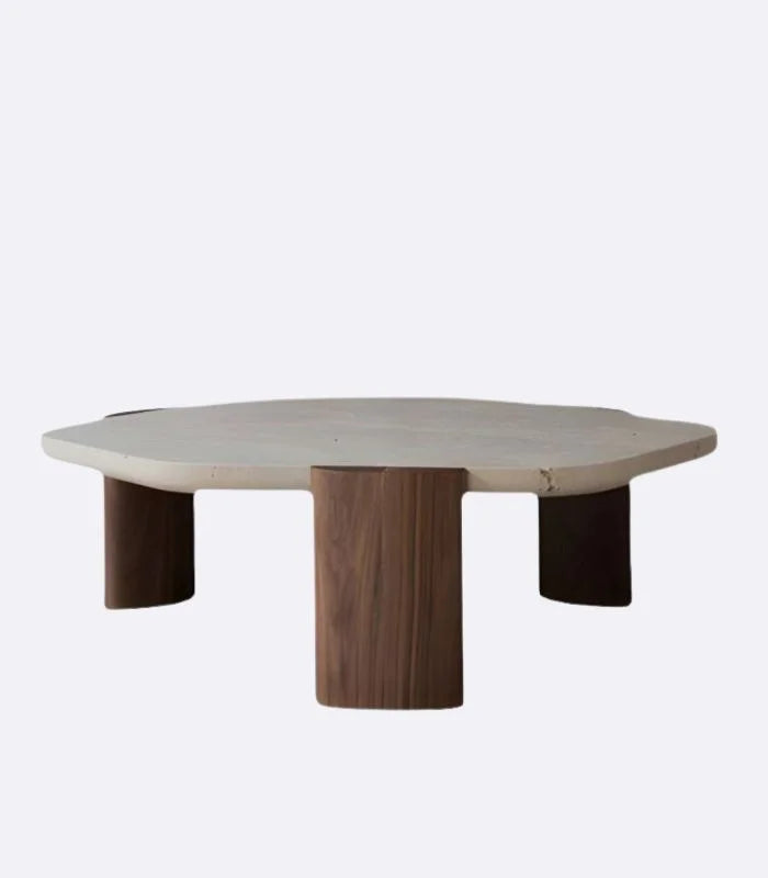 Contemporary Brown Travertine Coffee Table with Wooden Legs