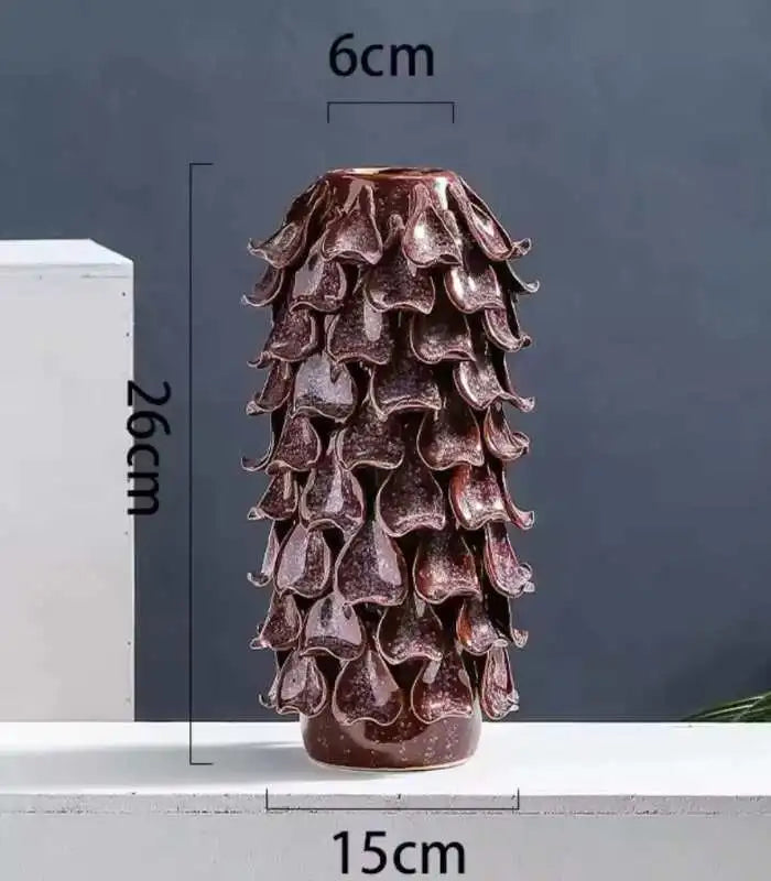 Tabletop Vase Handcrafted Pinecone Porcelain - Burgundy-Brown Textured