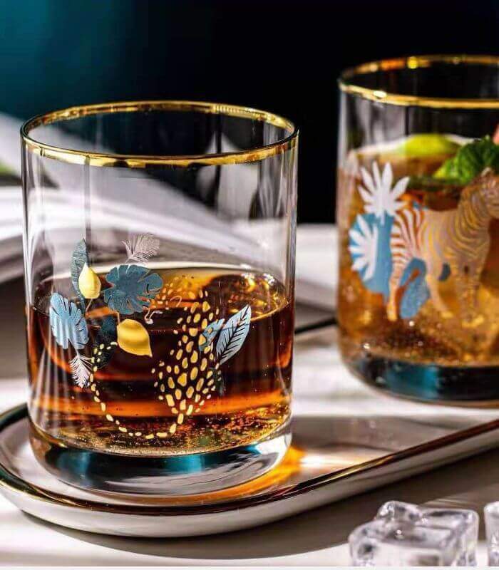 SAVANNA Gold-Rimmed Cocktail Glass - Hand-Decorated Safari Collection | Premium Whiskey Tumbler with African Wildlife Designs (390ml)