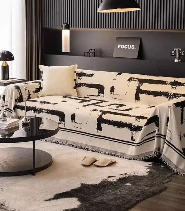 Sofa Cover | Couch Cover Geometric Art Deco Motif Black and White