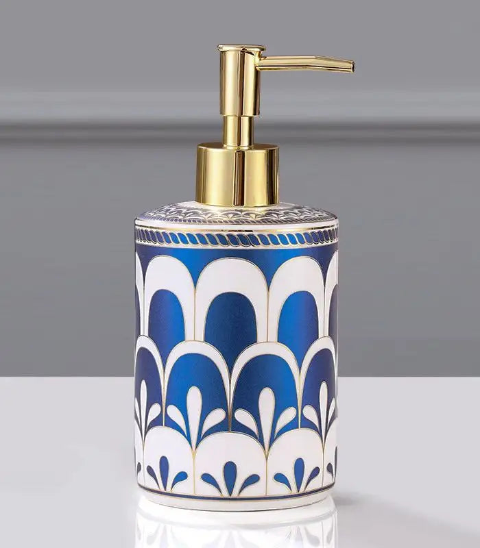 Liquid Soap Dispenser Ceramic Lotion Pump Blue & White 18 cm