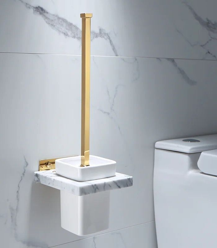 Wall Mounted Toilet Brush Holder Set Aluminum Marble & Ceramic Gold