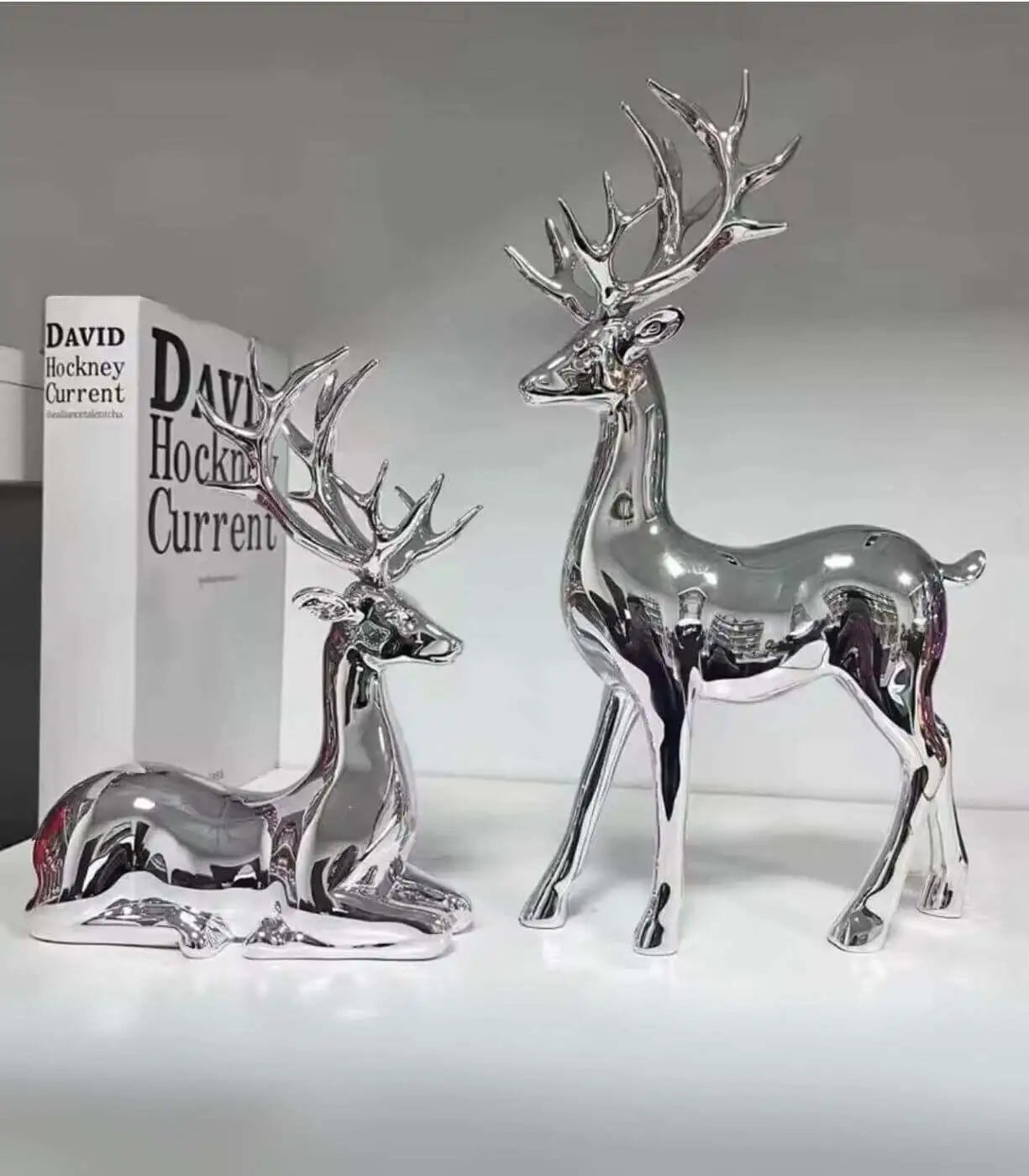 Set 2 Pcs Handcrafted Metallic Reindeer Decorative Figurines | Standing & Sitting Pair