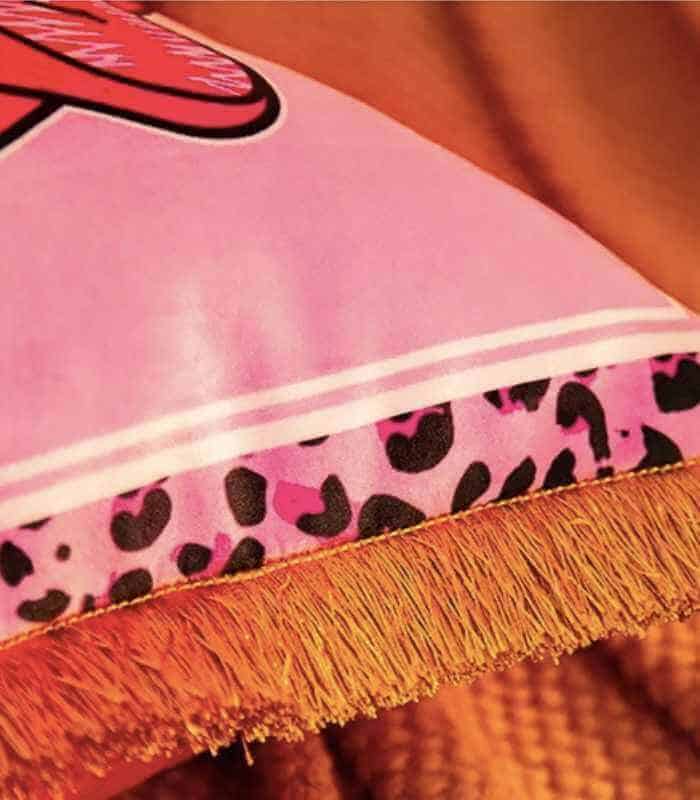 Pink Leopard Velvet Decorative Cushion Cover Fringed Edge Square 45 cm Pink & HotPink