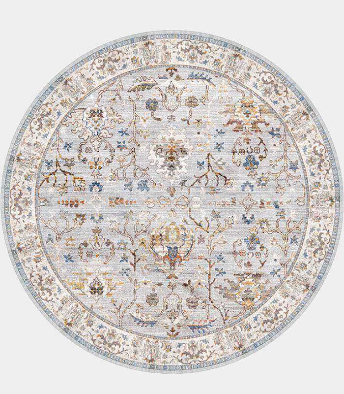 Vintage Style Floral Area Rug Round Light Blue