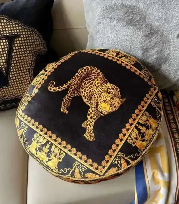 Leopard Velvet Cushion Cover - Black & Gold, 45cm Round