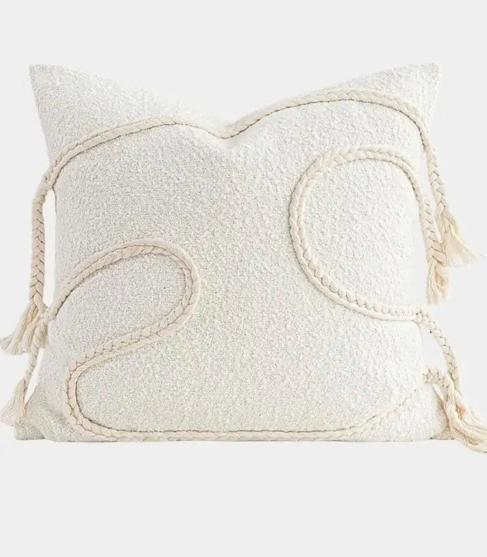 Amaya Woven Boucle Cushion Cover – Ivory with Braided Tassel Detail, 45x45cm (18 in)