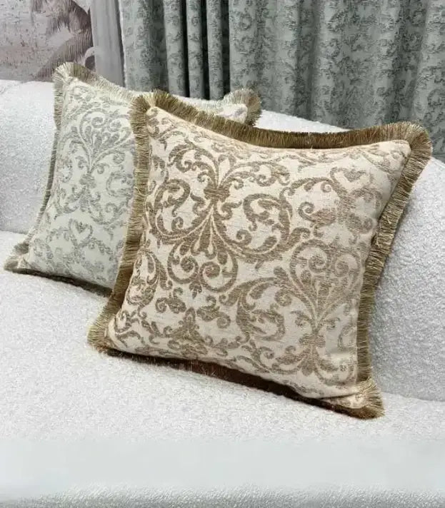 Damask Chenille Cushion Cover with Fringe - Elegant Jacquard Pillow Case 45x45cm