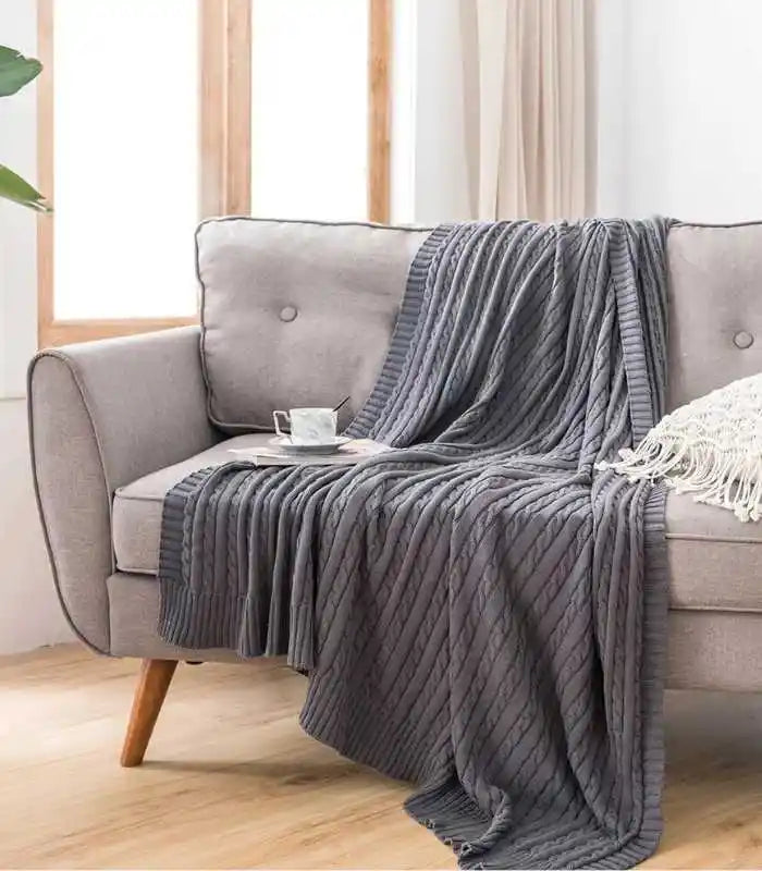 Cable Throw Knitted Blanket Cotton Grey