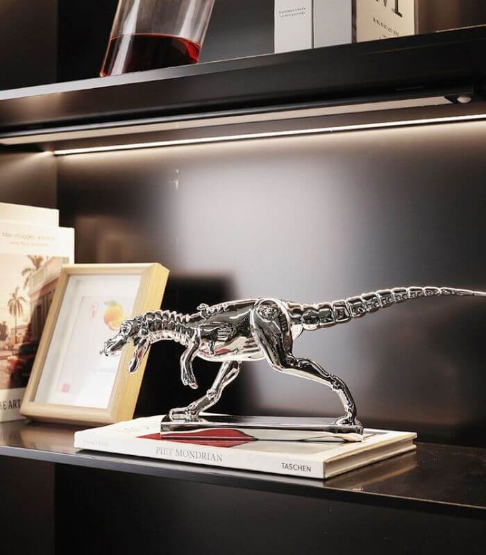 Modern Chrome Dinosaur Skeleton Sculpture - Contemporary T-Rex Art Piece - Home Decor (39cm, Silver Chrome)