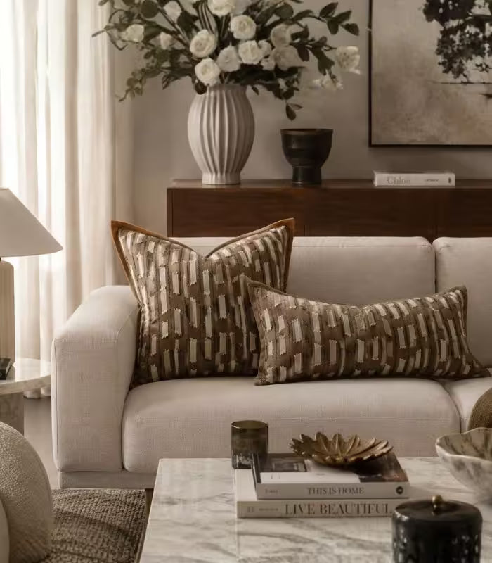 Marlowe Woven Textured Cushion Cover – Brown & Ivory Striped Jacquard, 3 Sizes