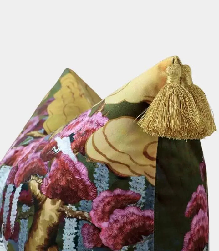 East Asian Garden Tasseled Decorative Cushion Cover - Velvet