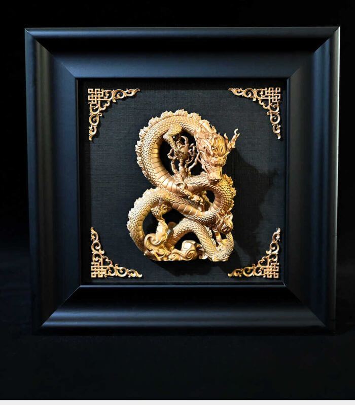 Majestic Xaden Dragon Wall Art in Black Wooden Frame– Golden Resin 12.7 x 12.7 cm