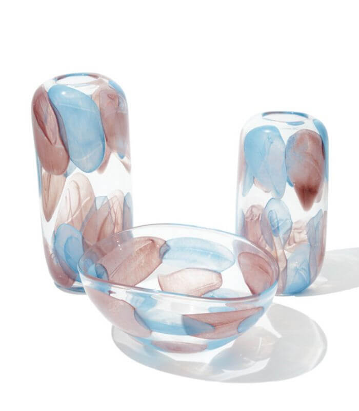 Sancia Azure Bloom Handcrafted Glass Vases and Bowl Blue & Pink