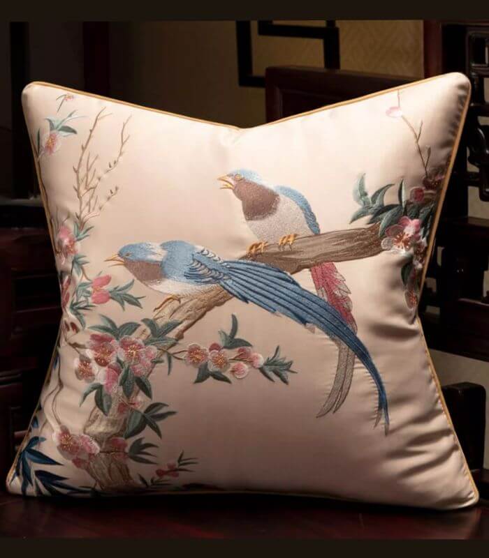 Handcrafted Oriental Bird Silk Satin Cushion Cover Embroidered Decorative Pillow Case 45 cm