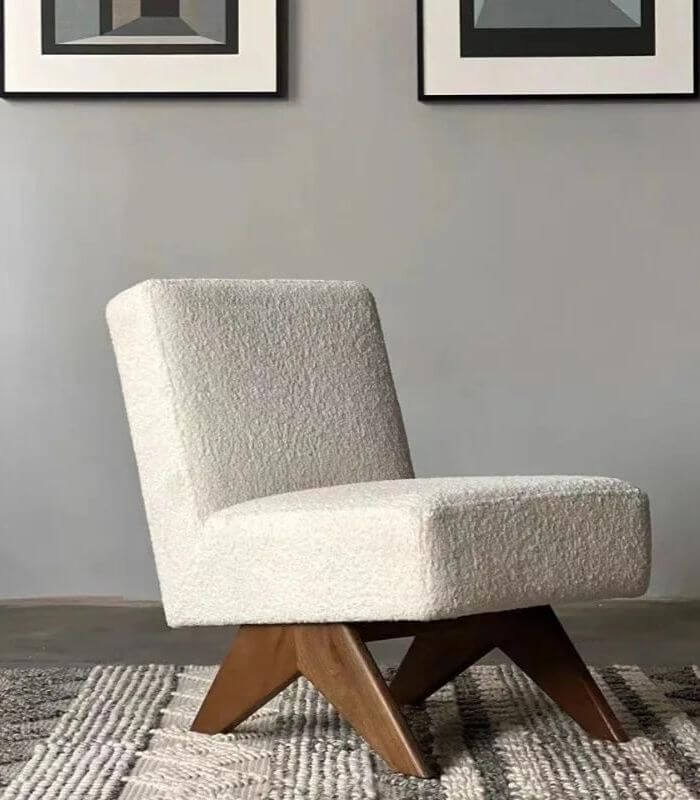 Mid-Century Modern Boucle Accent Chair - Cream Wool Blend Fabric, Solid Oak Wood Frame