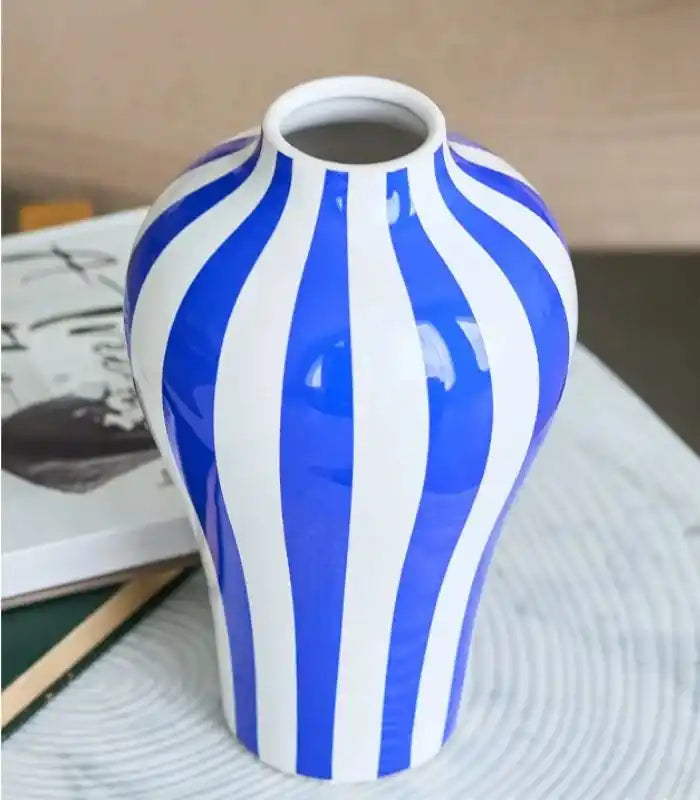 Blue and White Striped Ceramic Vase | Nautical-Inspired Home Decor
