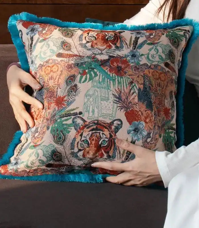 Tropical Tiger Jacquard Cushion Cover with Fringe
