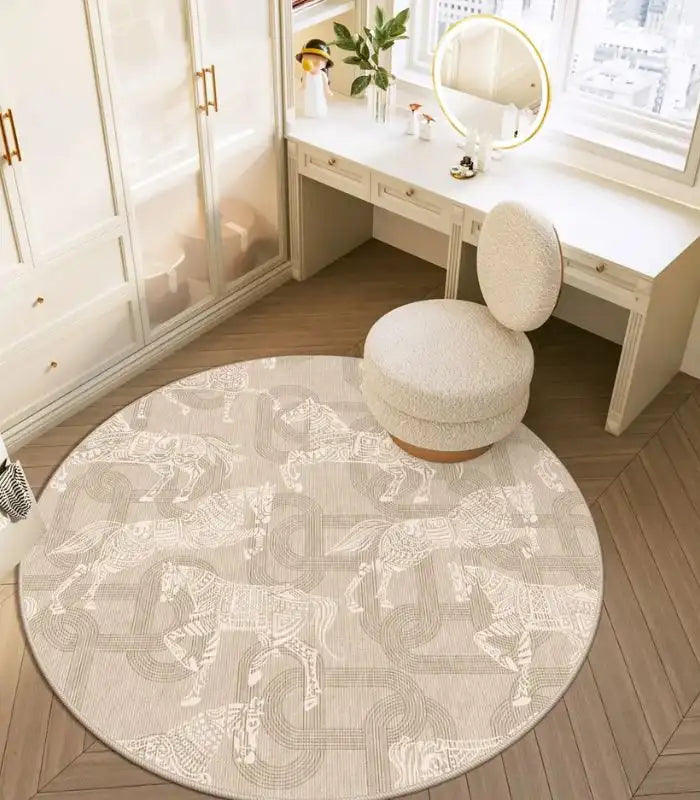 Equestrian Toile Round Rug – Classic Carousel Horse Design Grey