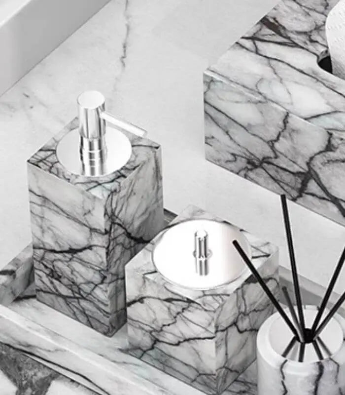 Carrara Marble Soap & Lotion Dispenser Set – Stainless Steel Natural Stone